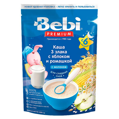 Каша 3 злака с яблоком и ромашкой с молоком 200 грамм Bebi Premium 87037 1